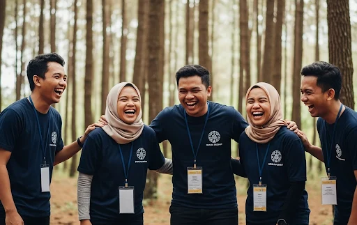 Peserta corporate training di Batu bekerja sama dengan antusias dalam permainan untuk meningkatkan kolaborasi tim.