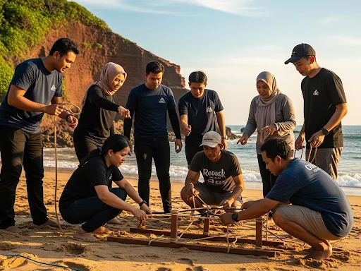 Peserta team building di Banyuwangi sedang bekerja sama memecahkan tantangan permainan strategi untuk meningkatkan kolaborasi