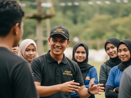 Fasilitator profesional dari First Outbound sedang memandu sesi team building di Banyuwangi dengan penuh semangat