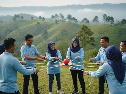Tim korporat sedang mengikuti permainan team building sebagai bagian dari paket outbound di Malang dengan latar belakang pemandangan pegunungan yang sejuk.