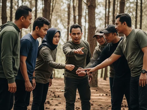 Peserta outbound team building Songgon sedang merancang strategi permainan paintball untuk kekompakan tim