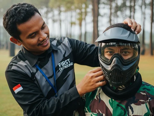 Fasilitator First Outbound memastikan standar keamanan peserta dalam kegiatan outbound paintball Songgon
