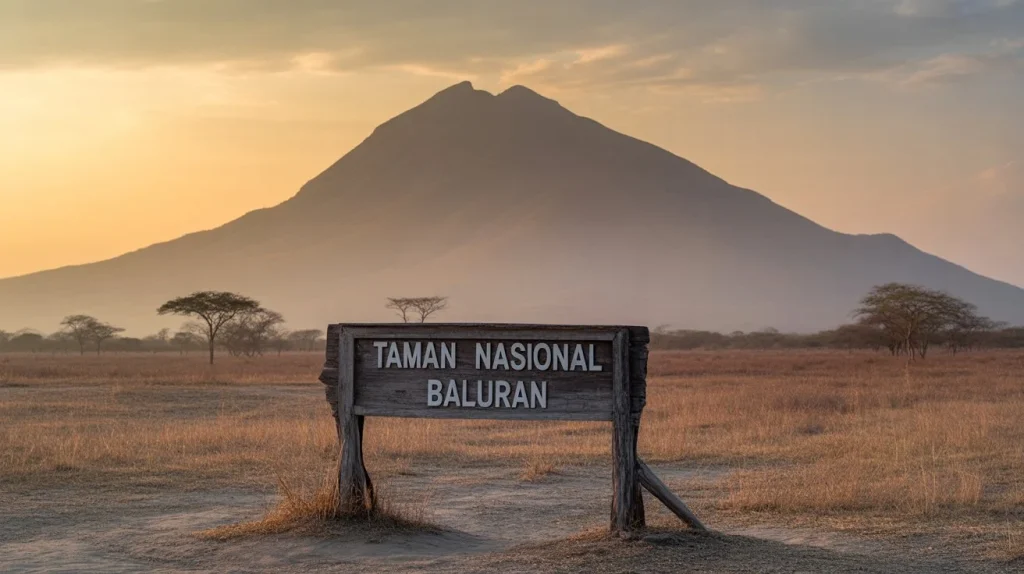 Gunung Baluran di tengah sabana kering pada sore hari di Taman Nasional Baluran