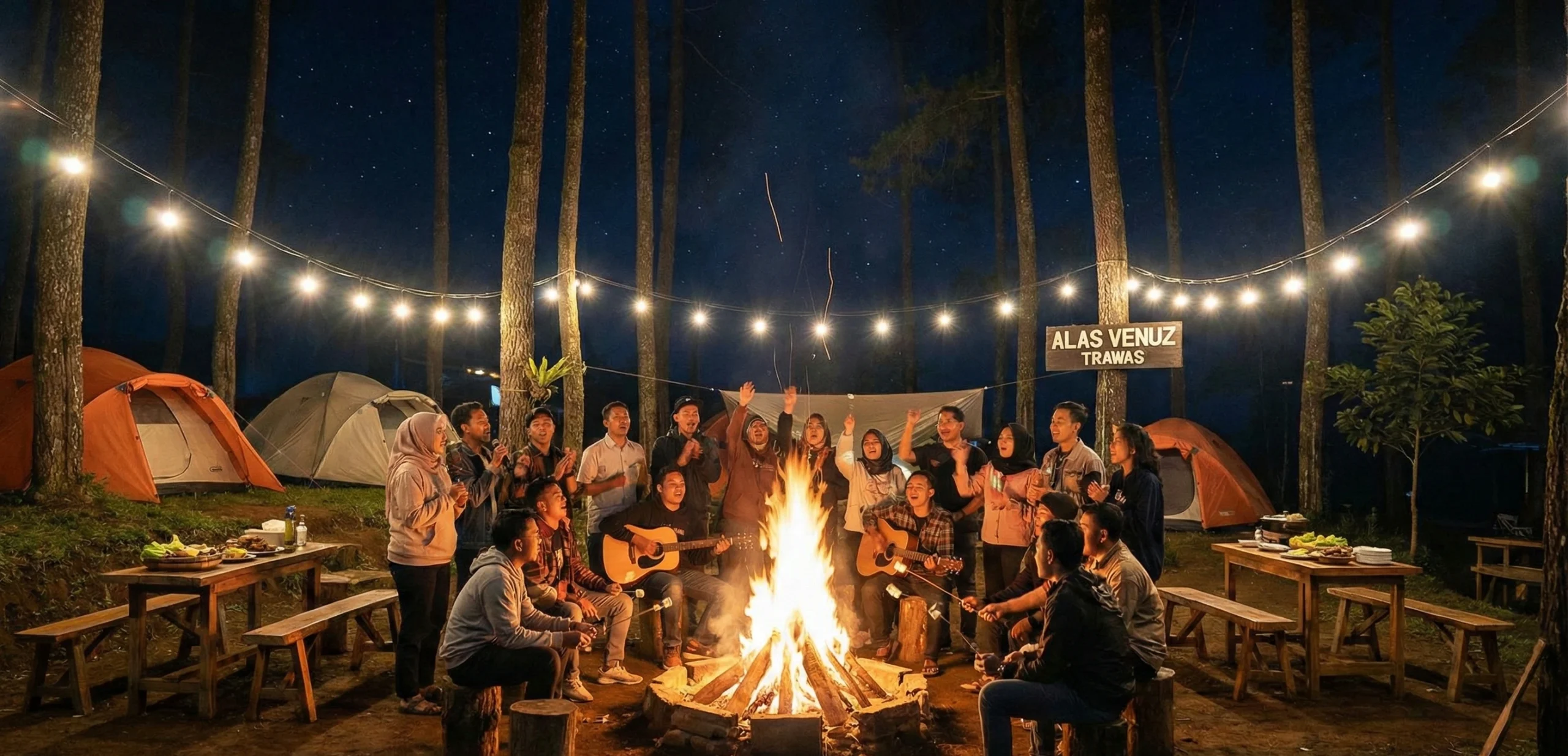 Suasana malam hari dan api unggun saat gathering di Alas Veenuz Trawas