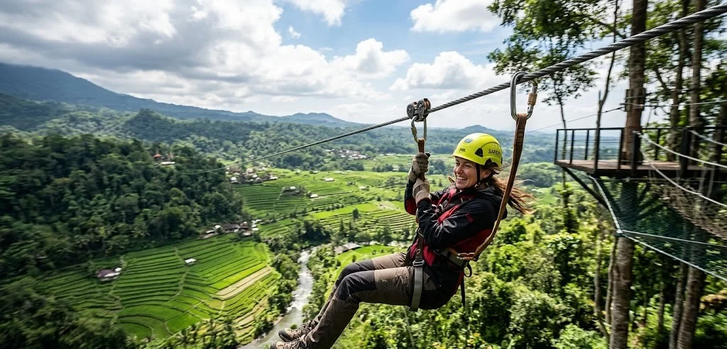 Peserta meluncur menggunakan Flying Fox